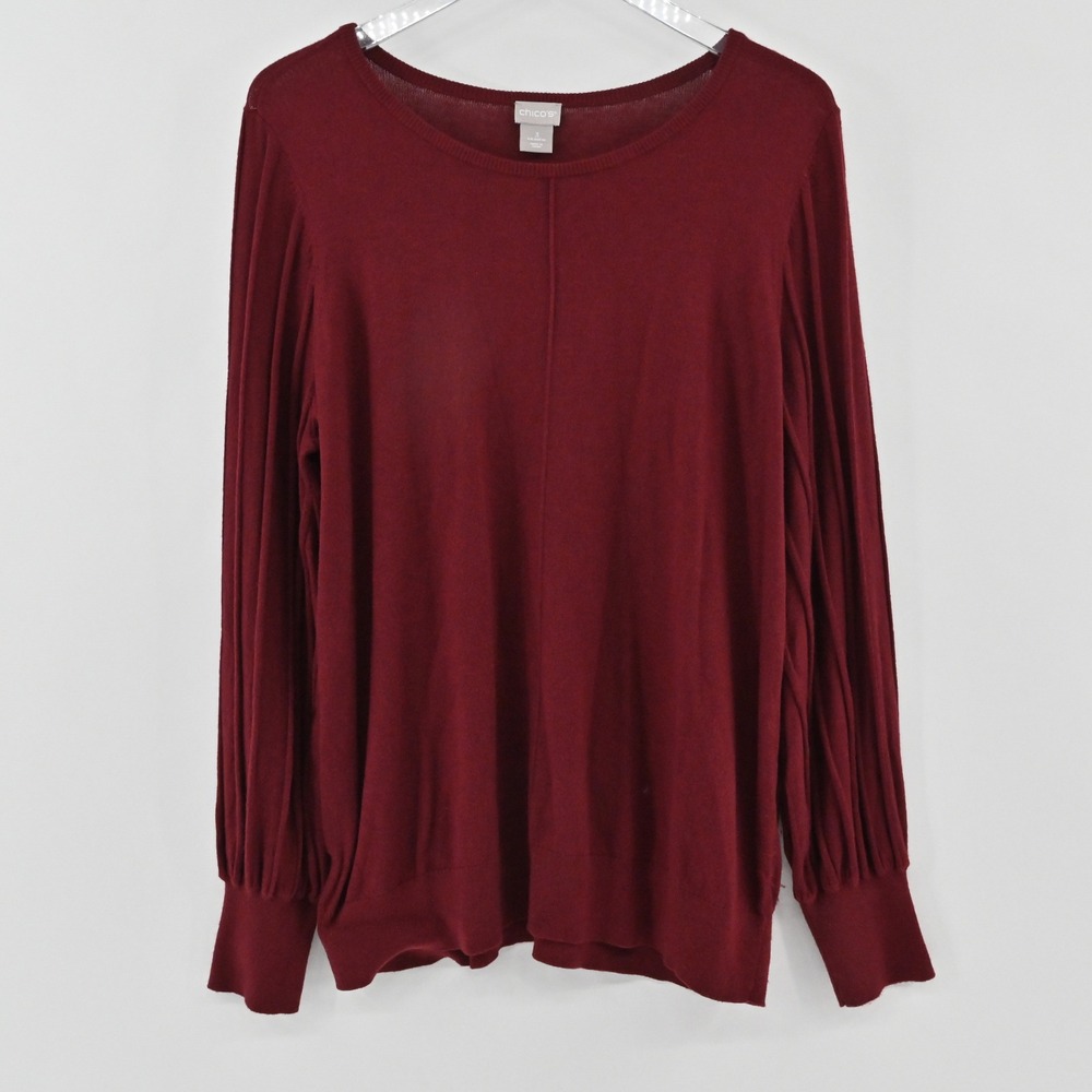 Chicos Cashmere Pleated Sleeve Sweater Womens Size XL Burgundy Red Minimal Chic